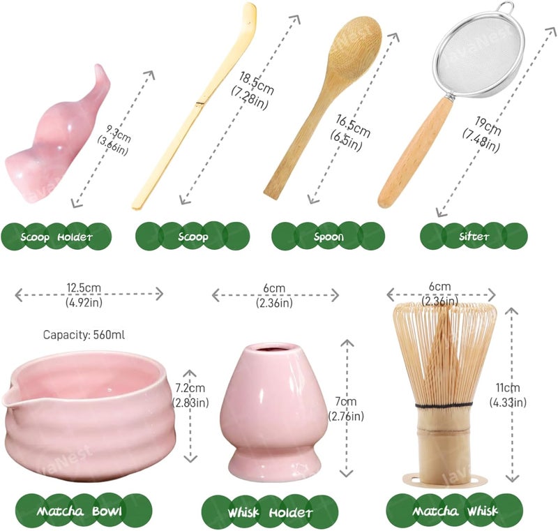 JavaNest Matcha Tea Set, 7-Piece Matcha Making Kit, Macha Whisk Set, Matcha Bowl with Spout, Chasen Whisk Holder, Macha Starter Sifter, Bamboo Scoop, Spoon Japanese Tea Tools For Ceremony Gift (Pink) - Image 2
